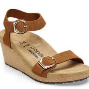 Papillio by Birkenstock Soley Wedge Heel Sandals Tan Brown Suede Leather Sz 42